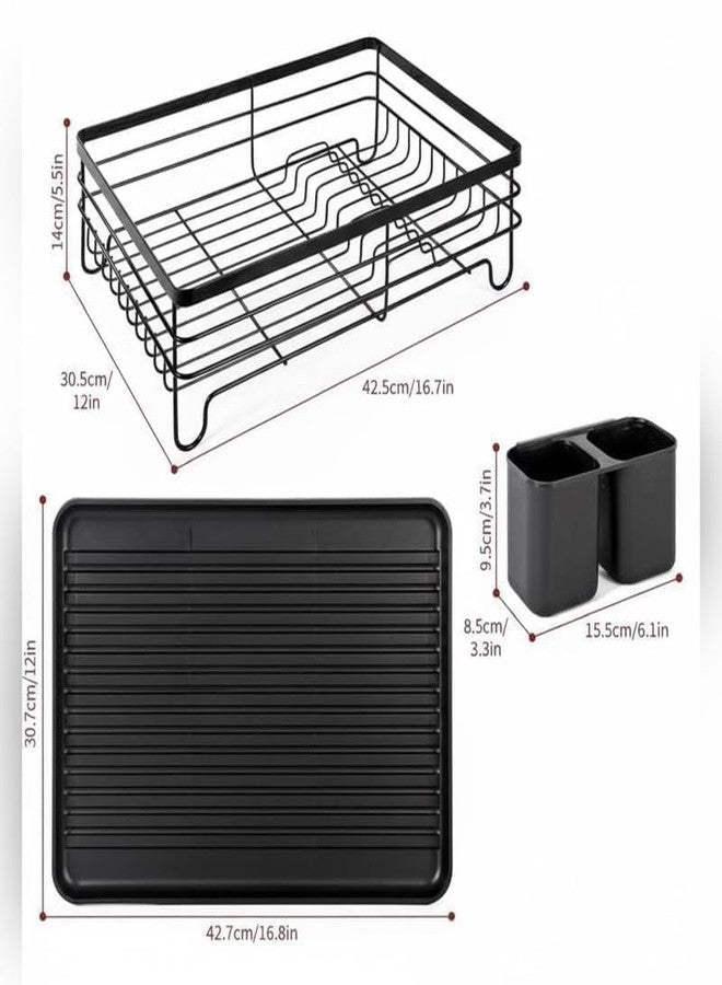 VBM Stainless Steel Dish Drying Rack Black 2 Tier with Drainboard & Cutlery Holder, Rustproof Large Capacity Kitchen Counter Dish Drainer with Auto Drain Tray, Wooden Handles Space Saving Organizer - Image 2
