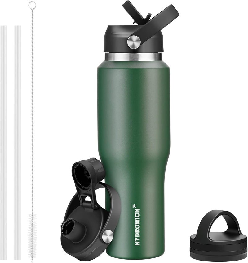 40 oz Insulated Water Bottle with Straw fit in Car Cup HolderCold 48 hrs Hot 24 hrs Drinking Bottle with Straw Lid Spout Lid and Flex Cap Leakproof Travel Thermo MugOlive