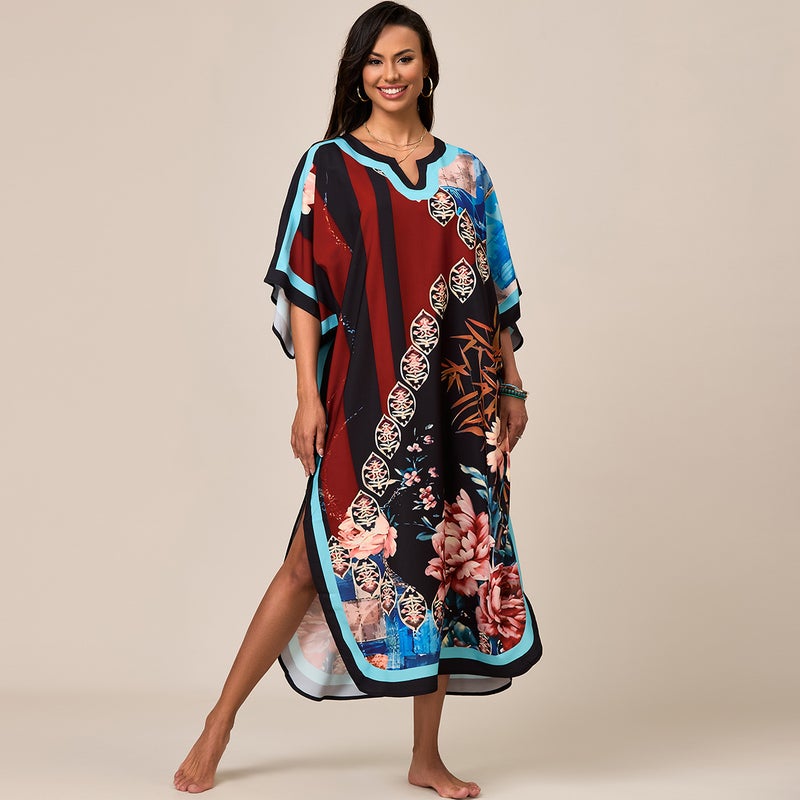 Women's Ethnic Print Beach Cover-Up Dress Loose Long Sun Protection Swimwear - Image 2