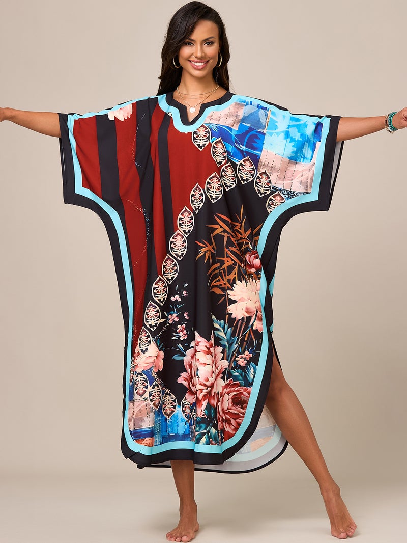 Women's Ethnic Print Beach Cover-Up Dress Loose Long Sun Protection Swimwear - Image 1