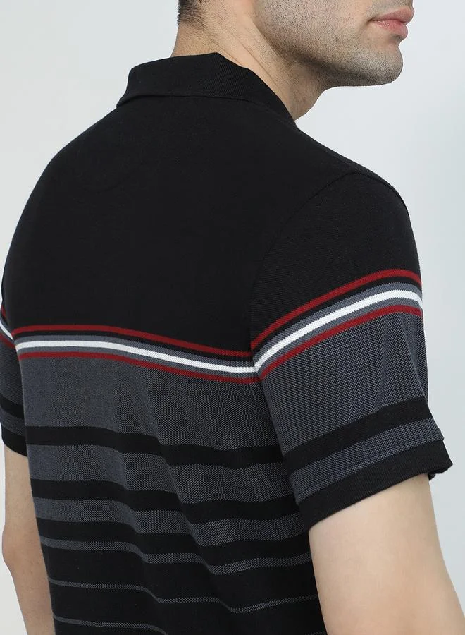 Park Avenue Men Black Slim Fit Striped Polo T-Shirt