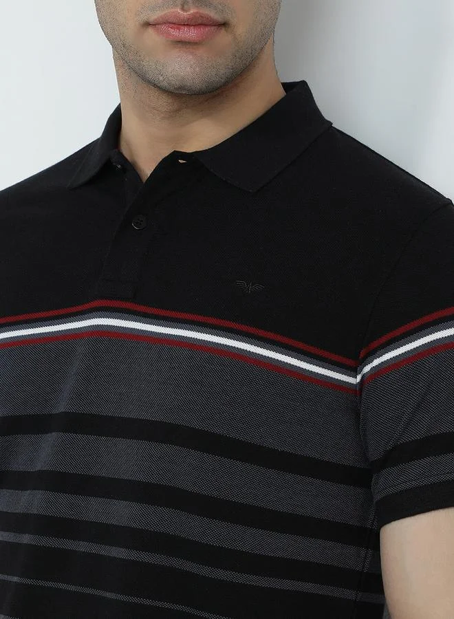 Park Avenue Men Black Slim Fit Striped Polo T-Shirt