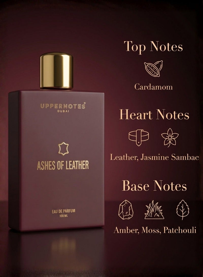 UpperNotes Ashes of Leather EDP Unisex Perfume 100ml | Cardamom Leather Jasmine Sambac Amber Patchouli | Bold Smoky Long Lasting Evening Fragrance UAE - Image 2