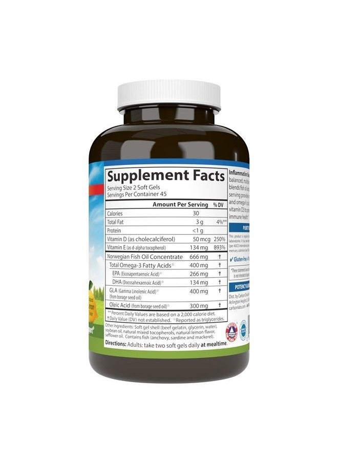 Carlson - Inflammation Balance, Balanced Omega-3 & Omega-6 Ratio, with D3, Norwegian, Wild-Caught Fish Oil Supplement with Fatty Acids, Sustainably Sourced Fish Oil Capsules, 90 Softgels - Image 1