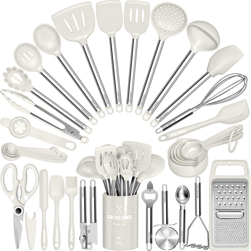 Kitchen Utensils SetUmite Chef 34 Pcs Silicone Cooking Utensils Set for Nonstick CookwareSilicone Spatulas Set Stainless Steel HandleWhite Kitchen Gadgets Tools Pots and Pans Accessories