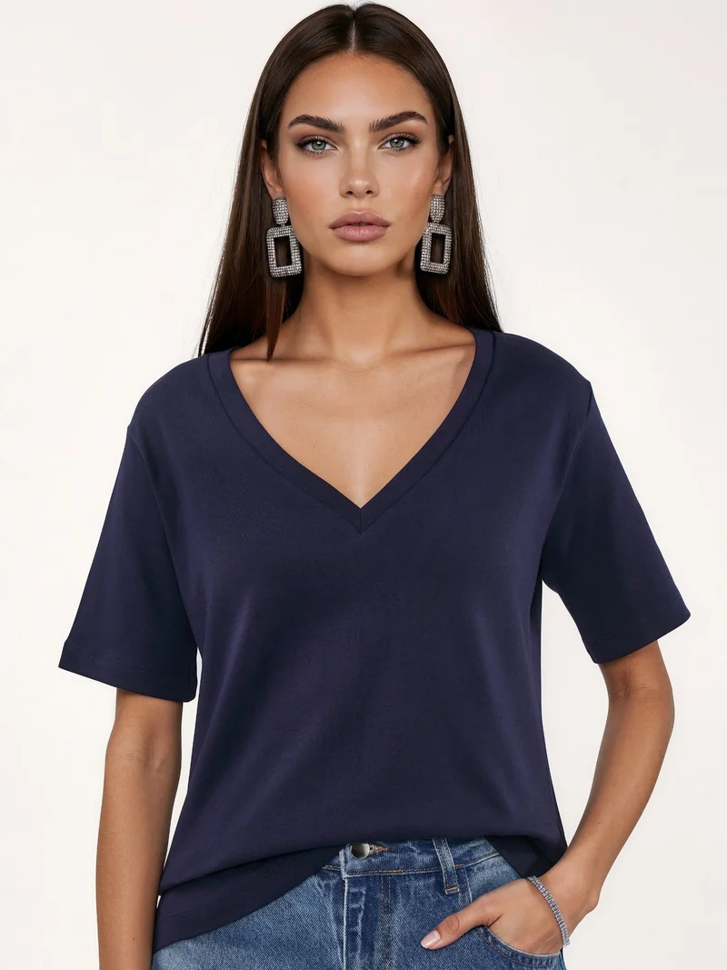بوسيم BUSEM V-Neck Solid Regular Fit Cotton T-Shirt