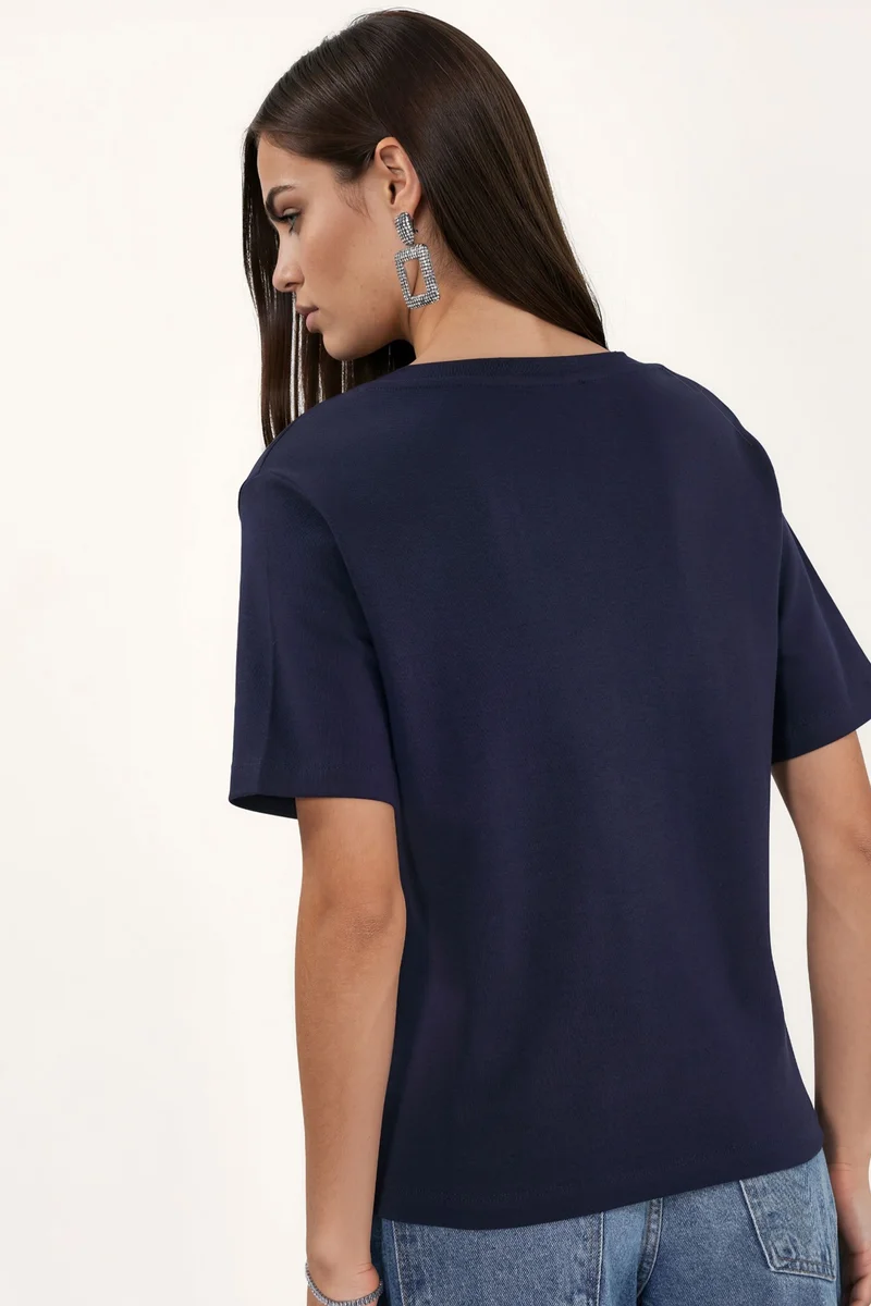 Busem Navy Blue BUSEM V-Neck Solid Regular Fit Cotton T-Shirt for Women | Best Price UAE