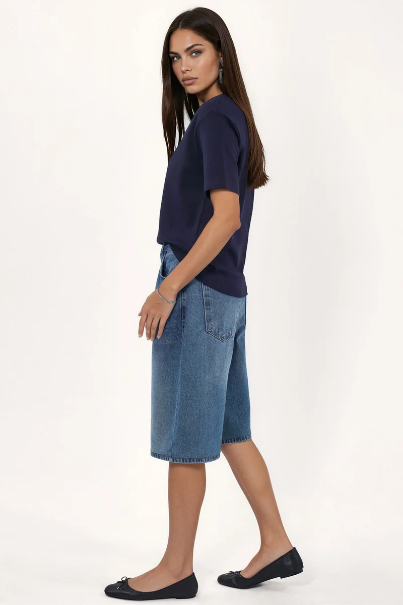 Busem Navy Blue BUSEM V-Neck Solid Regular Fit Cotton T-Shirt for Women | Best Price UAE