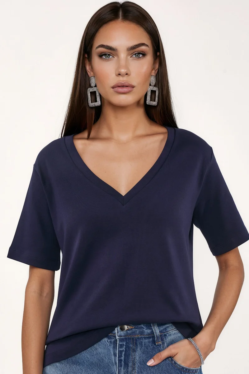 BUSEM V-Neck Solid Regular Fit Cotton T-Shirt