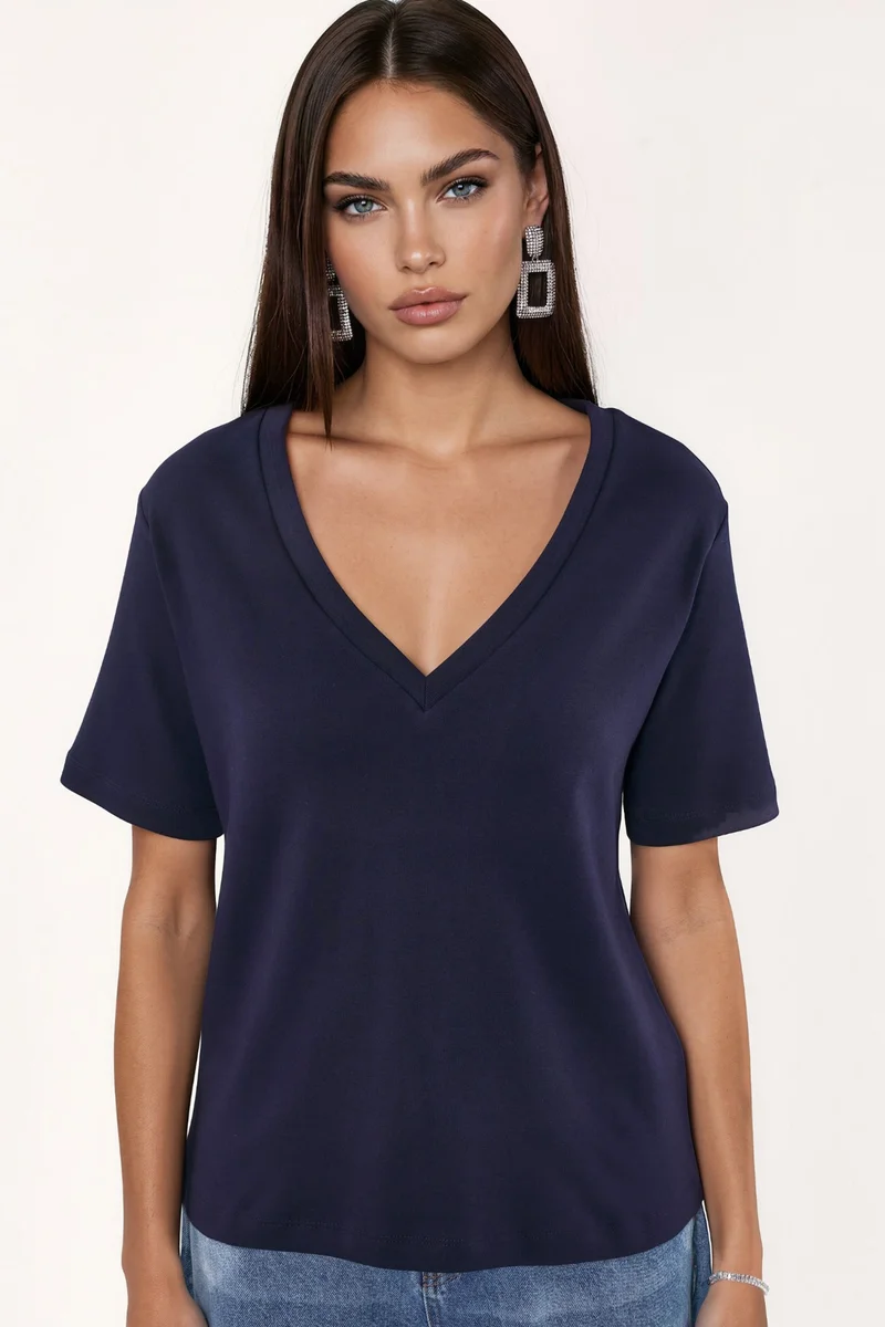 Busem Navy Blue BUSEM V-Neck Solid Regular Fit Cotton T-Shirt for Women | Best Price UAE