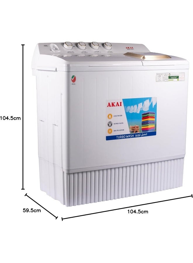 AKAI 20kg Twin Tub, Semi-Automatic Washing Machine, Turbo Wash, Powerful Big Pulsator, Rust Resistant, Lint Filter, 20-Min Soak Function, Sleek Design, WMMA-X020TT - Image 2