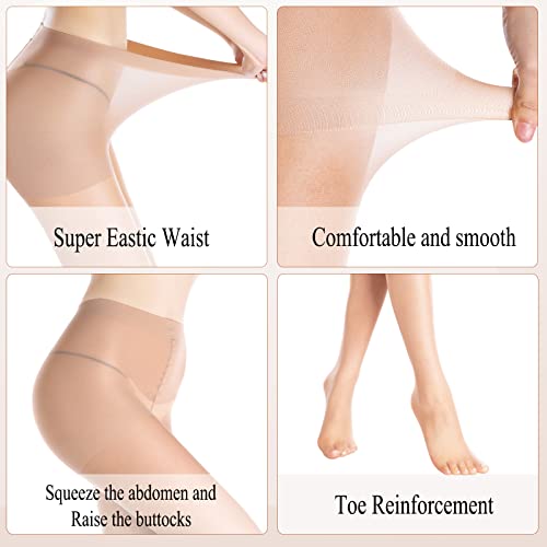WAKUNA 3 Pairs Sheer Tights For Women 20D Pantyhose Control Top Invisible Reinforced Toes Nude-Large - Image 2