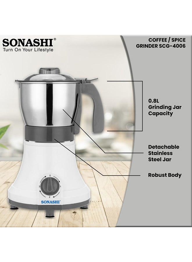 SONASHI Multipurpose Electric Coffee Bean Grinder - Premium 0.8L Stainless Steel Jar Ideal for Spices, Coffee Beans, Nuts, Dried Fruits, Etc | Over Heat Protection Motor with 3 Speed Modes 0.8 L 350 W SCG-4006 White/Silver/Gray - Image 3