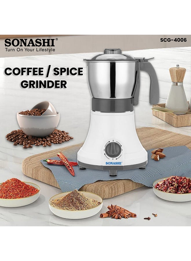 SONASHI Multipurpose Electric Coffee Bean Grinder - Premium 0.8L Stainless Steel Jar Ideal for Spices, Coffee Beans, Nuts, Dried Fruits, Etc | Over Heat Protection Motor with 3 Speed Modes 0.8 L 350 W SCG-4006 White/Silver/Gray - Image 2