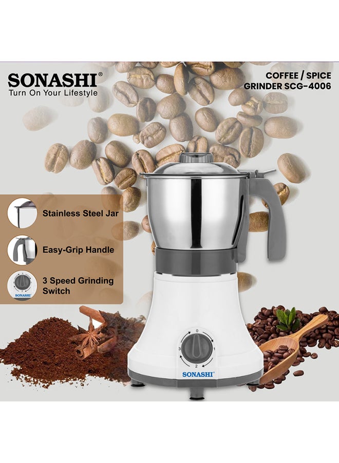 SONASHI Multipurpose Electric Coffee Bean Grinder - Premium 0.8L Stainless Steel Jar Ideal for Spices, Coffee Beans, Nuts, Dried Fruits, Etc | Over Heat Protection Motor with 3 Speed Modes 0.8 L 350 W SCG-4006 White/Silver/Gray - Image 4