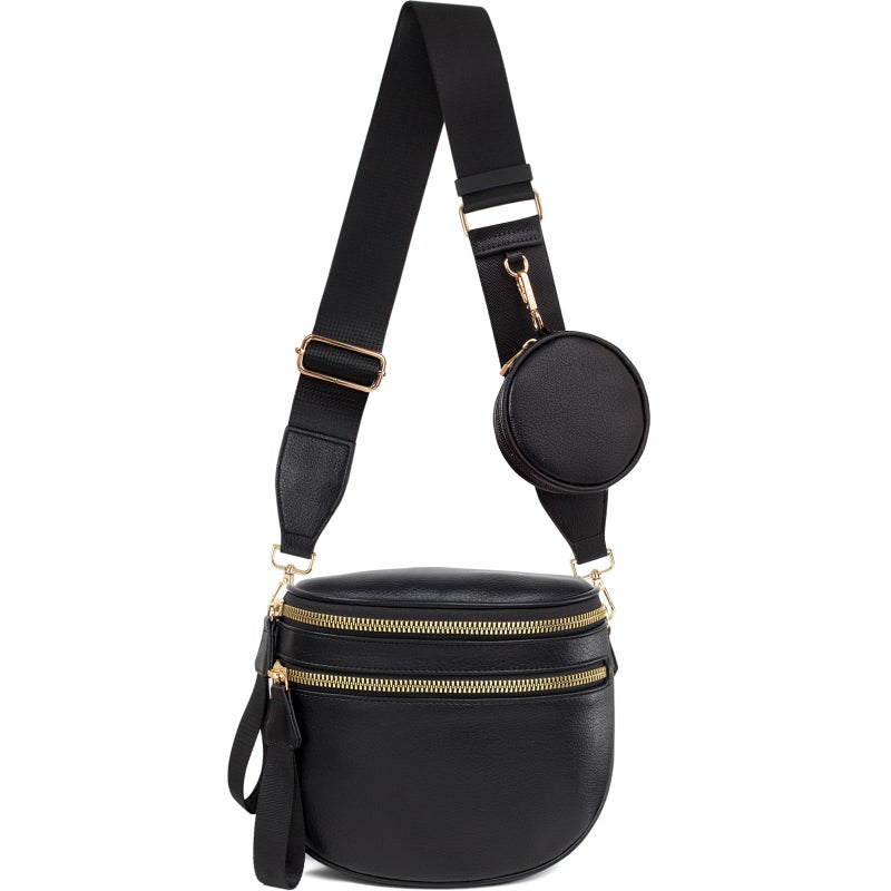 Valentoria Fashionable Womens Leather Waist Bag Crossbody Bag Detachable Wallet Adjustable Shoulder Strap (Black) - Image 1