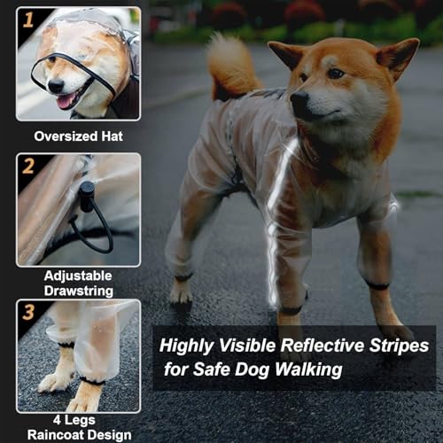 Olsa Dog Raincoat, Dog Hooded Slicker Poncho, 4 Legs Rain Jacket with Reflective Stripe, Transparent Water Proof Resistant Rain Snow Clothes for Small Medium Large - Image 3