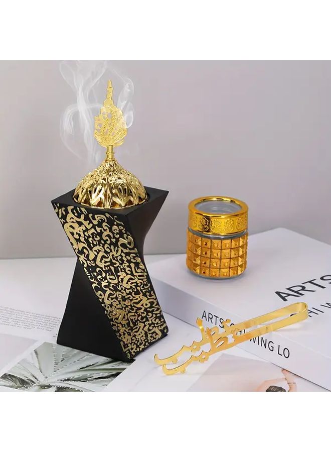 Black Resin Incense Holder With Golden Geometric Design Rotating Diffuser - Image 4