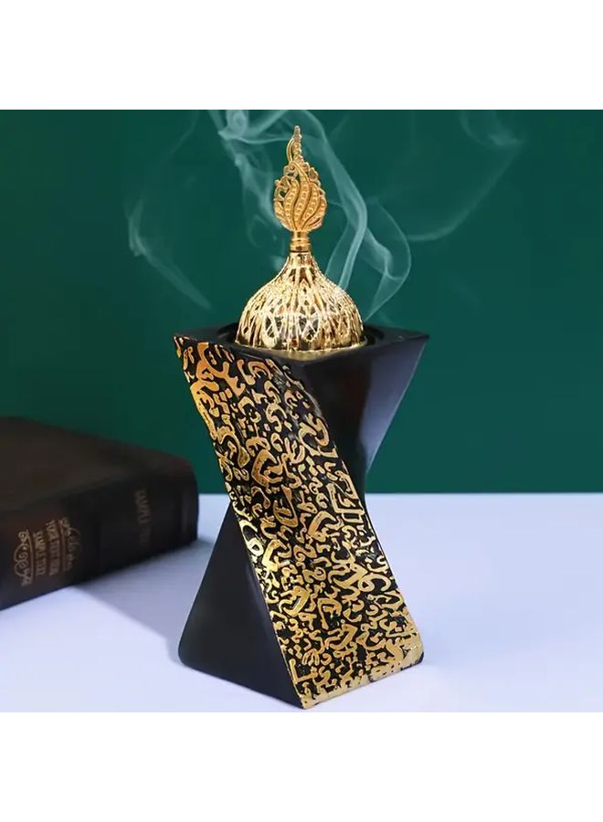 Black Resin Incense Holder With Golden Geometric Design Rotating Diffuser - Image 1