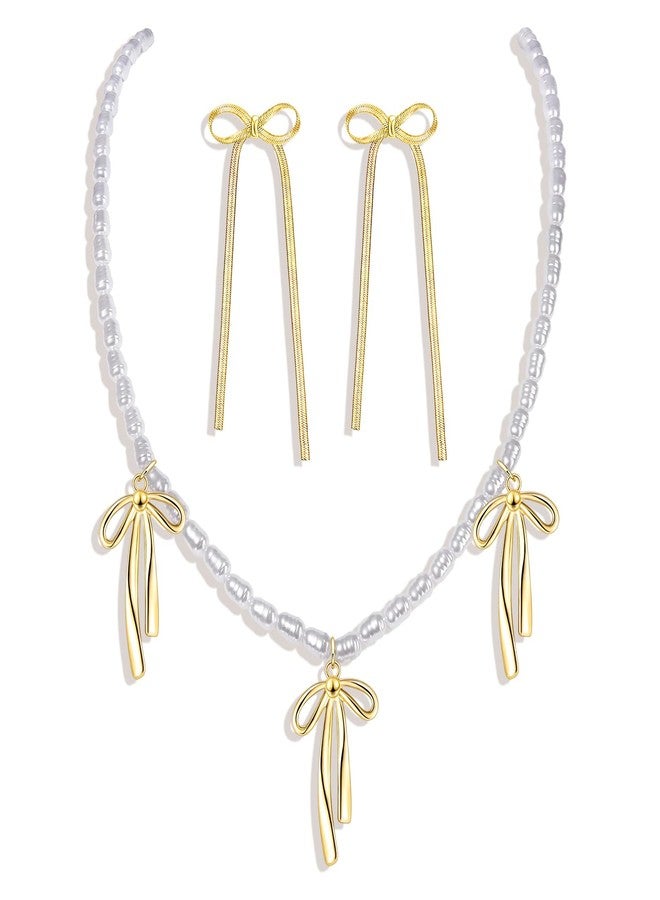 مولوك قلادة وأقراط مولوخ الذهبية على شكل فيونكة، أقراط متدلية طويلة مزينة بشريط، قلادة من اللؤلؤ والخرز على شكل فيونكة، مجوهرات مميزة لحفلات الزفاف والخطوبة، طقم مجوهرات هدايا للنساء