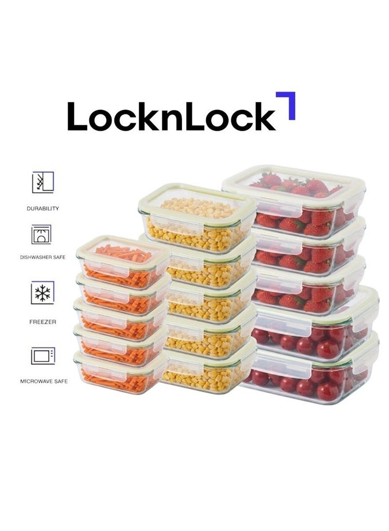 LocknLock طقم حاويات زجاجية مستطيلة آمنة للفرن من لوكن لوك - 15 قطعة - محكمة الإغلاق، مقاومة للتسرب وحرارة - Image 1
