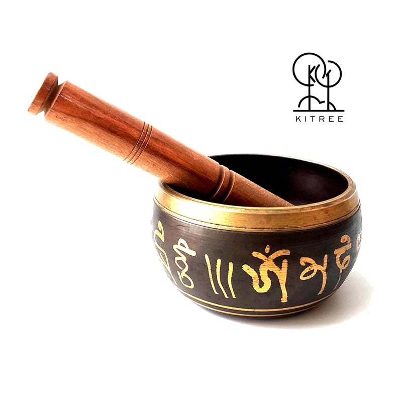 KITREE Singing Bowl | Tibetan Prayer Instrument With Wooden Stick | Authentic Healing Sound Meditation Bowl Set for Deep OM, Music Therapy - 4 Inch Black - Image 2