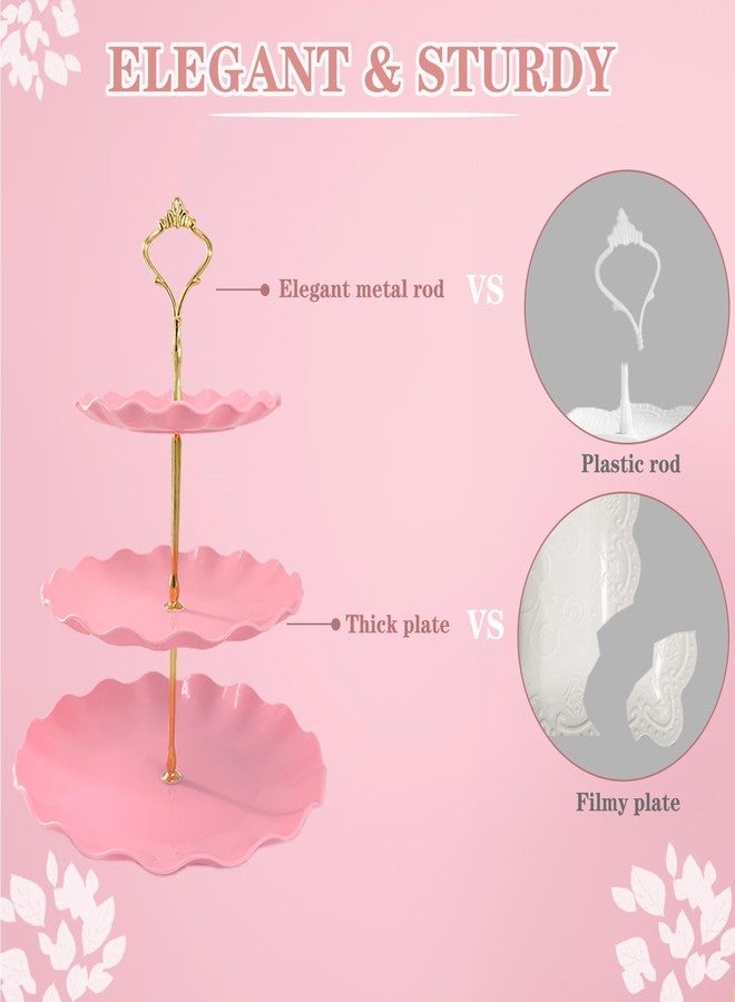 NAXIHOPT 5 Pcs Dessert Table Display Set, Pink Plastic 2 Pcs Round 3 Tier Cupcake Stand Cup Cake Tower Stand with Metal Rod & 3 Pcs Serving Tray for Baby Shower, Tea Party, Wedding, Birthday Party - Image 3