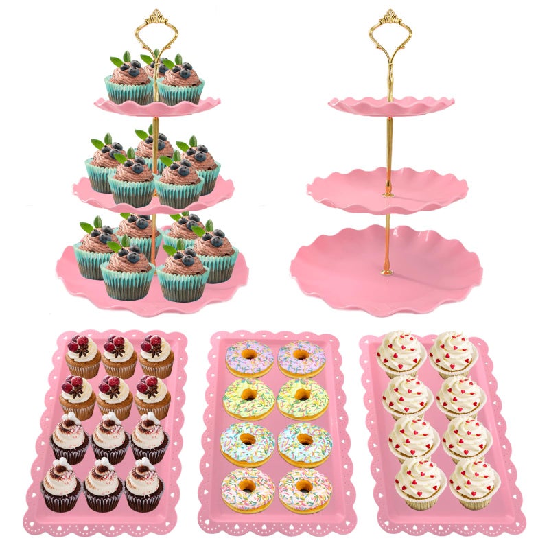 NAXIHOPT 5 Pcs Dessert Table Display Set, Pink Plastic 2 Pcs Round 3 Tier Cupcake Stand Cup Cake Tower Stand with Metal Rod & 3 Pcs Serving Tray for Baby Shower, Tea Party, Wedding, Birthday Party - Image 1
