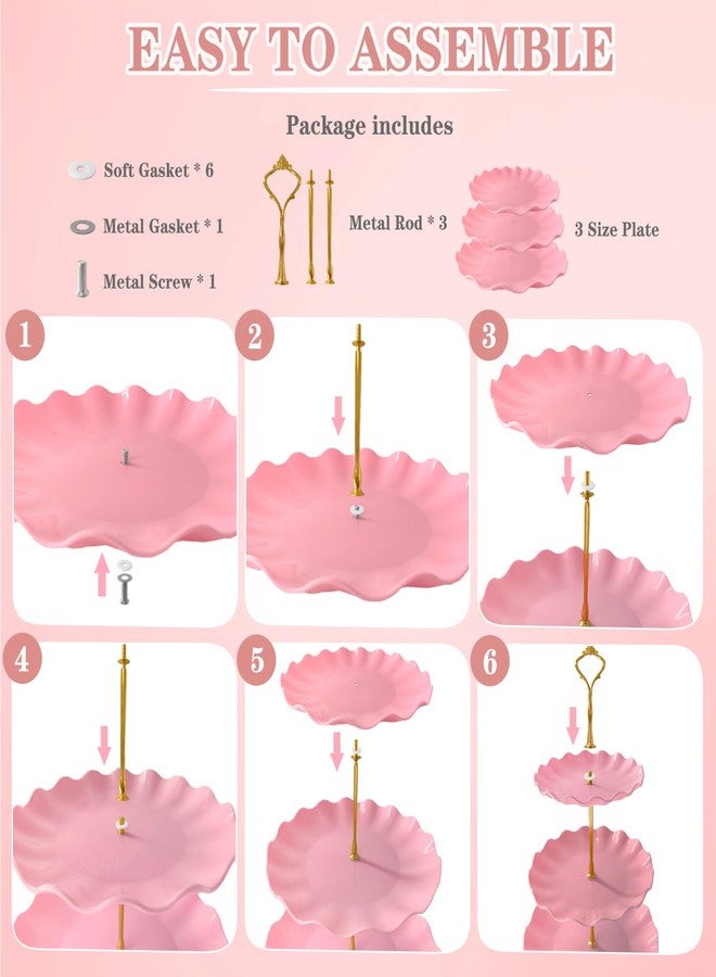NAXIHOPT 5 Pcs Dessert Table Display Set, Pink Plastic 2 Pcs Round 3 Tier Cupcake Stand Cup Cake Tower Stand with Metal Rod & 3 Pcs Serving Tray for Baby Shower, Tea Party, Wedding, Birthday Party - Image 4
