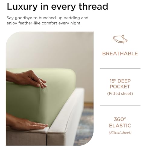 Threadmill 100% Cotton Sheets for Twin Size Bed - 600 Thread Count Twin Bed Sheets Set with 15” Deep Pocket - Sateen Weave 3-Piece Bedding Set with Cooling Effect, Sage Green - Image 3
