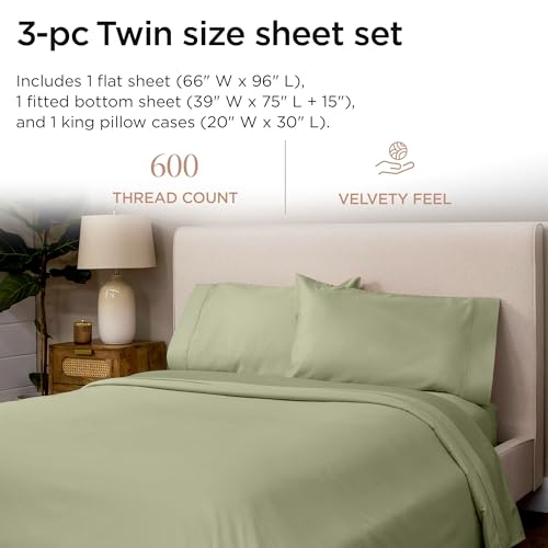 Threadmill 100% Cotton Sheets for Twin Size Bed - 600 Thread Count Twin Bed Sheets Set with 15” Deep Pocket - Sateen Weave 3-Piece Bedding Set with Cooling Effect, Sage Green - Image 2