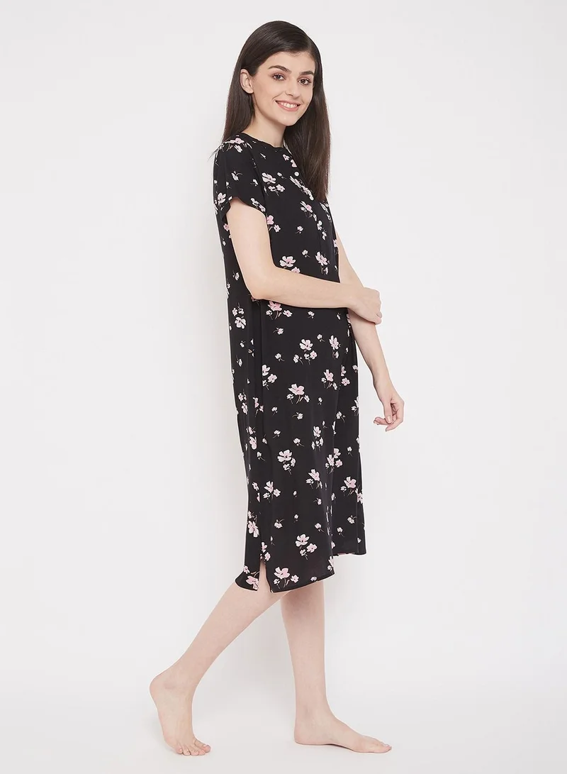 Clovia  Clovia Pretty Florals Mid Length Night Dress With Side Slits In Black - Rayon for Women | Best Price UAE