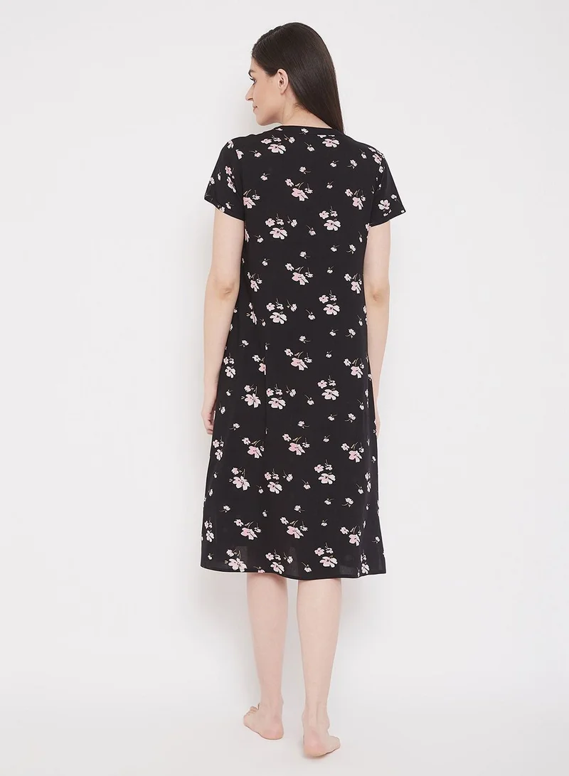 Clovia  Clovia Pretty Florals Mid Length Night Dress With Side Slits In Black - Rayon for Women | Best Price UAE