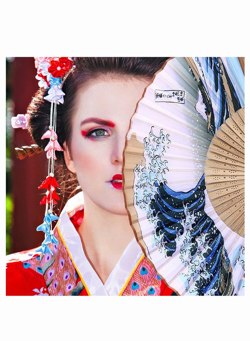 Folding Hand Held Fan, Elegant Janpanese Style Painted Waves Retro Bamboo Folding Fan Home Office Decoration, Handmade Landscape Silk Folding Fan Kanagawa Fan for Women Girls Dance Performance - Image 2
