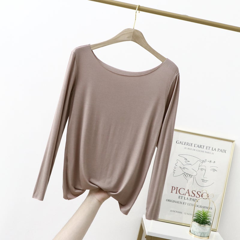 Modal Seamless Base Shirt Women'S Solid Color Thin Elastic Upper Body Large Round Neck Long Sleeve T-Shirt - Image 1