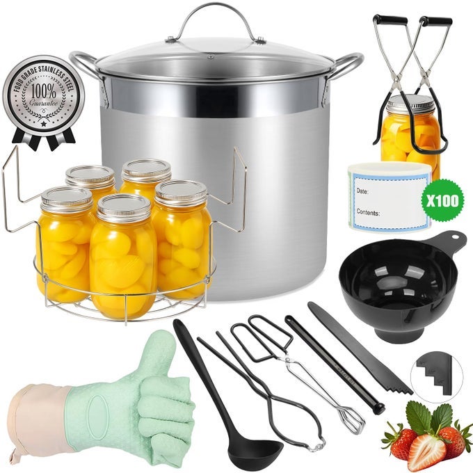 STAINLESS STEEL CANNING POT WITH RACK AND LID LARGE WATER BATH CANNER FULL HOME CANNING SUPPLIES STARTER KIT 205 QUARTS BLACK