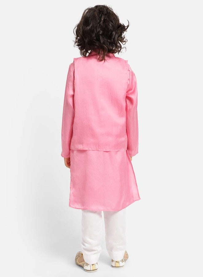 Piccolo, Silk Blend Embroidered Kurta Pyjama Set, Ethnic Wear, Full Sleeves Kurta and Pyjama/Pajama, Traditional Dress for Boys Kids (Color - Pink) - Image 3