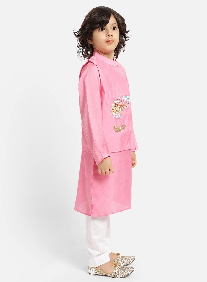 Piccolo, Silk Blend Embroidered Kurta Pyjama Set, Ethnic Wear, Full Sleeves Kurta and Pyjama/Pajama, Traditional Dress for Boys Kids (Color - Pink) - Image 2