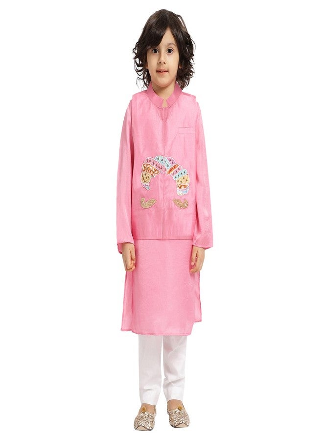 Piccolo, Silk Blend Embroidered Kurta Pyjama Set, Ethnic Wear, Full Sleeves Kurta and Pyjama/Pajama, Traditional Dress for Boys Kids (Color - Pink) - Image 1