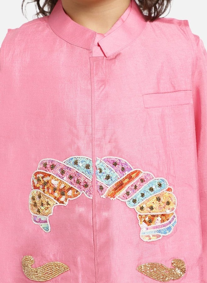 Piccolo, Silk Blend Embroidered Kurta Pyjama Set, Ethnic Wear, Full Sleeves Kurta and Pyjama/Pajama, Traditional Dress for Boys Kids (Color - Pink) - Image 4