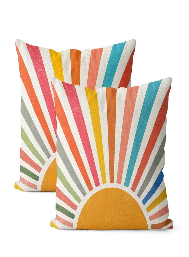 GOLIANDA Summer Pillow Covers 18x18 Set of 2 Colorful Stripes Yellow Sunshine Throw Pillows Outdoor Boho Rainbow Sun Decorative Pillow Cases Linen Modern Farmhouse Cushion Case for Home Bedroom Decor - Image 1