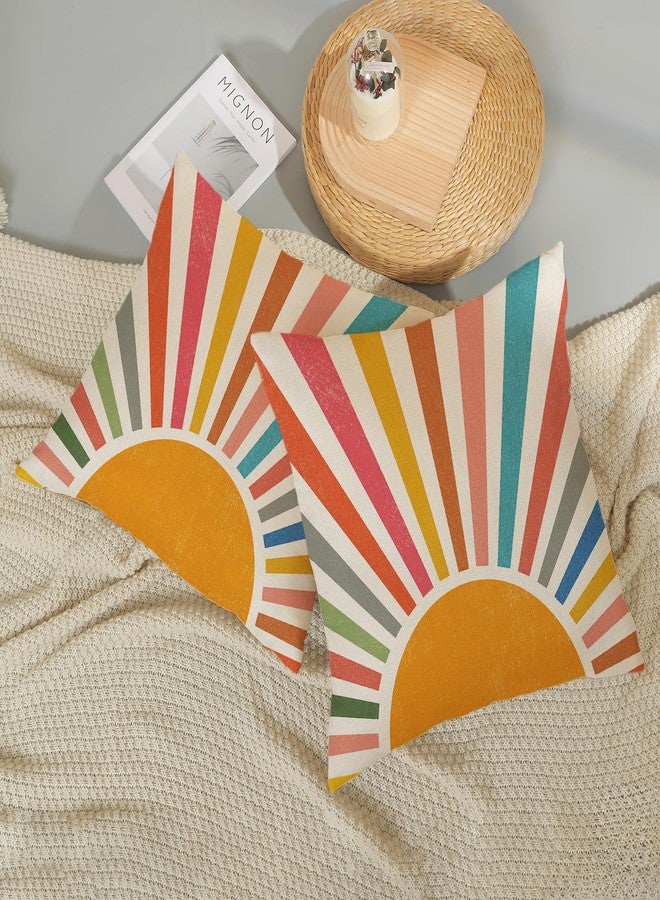 GOLIANDA Summer Pillow Covers 18x18 Set of 2 Colorful Stripes Yellow Sunshine Throw Pillows Outdoor Boho Rainbow Sun Decorative Pillow Cases Linen Modern Farmhouse Cushion Case for Home Bedroom Decor - Image 5