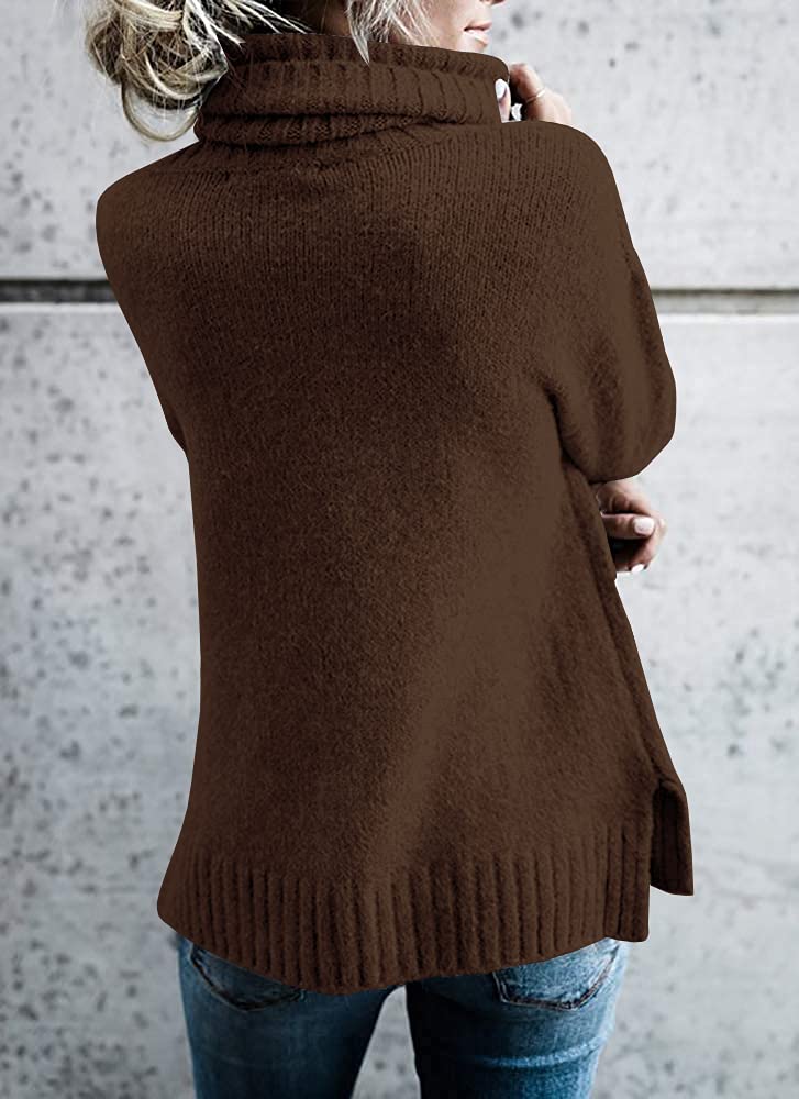 FISACE Womens Oversized Turtleneck Pullover Sweater Cable Knit Long Sleeve Sweater Tops A-Brown - Image 4