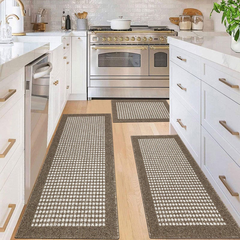 Ileading Kitchen Mat Sets 3 Piece Minimalist 3D Lattice Kitchen Floor Rugs with Non Slip Rubber Backing Machine Washable Farmhouse Runner Rugs for Laundry Hallway DoormatBrown