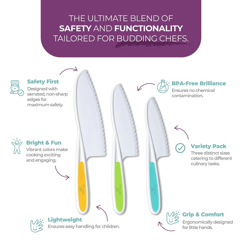 Tovla Jr. Knives for Kids 3-Piece Kitchen Cooking and Baking Knife Set: Montessori Children's Knives in 3 Sizes & Colors/Firm Grip, Serrated Edges, BPA-Free Kids' Toddler Knives (colors vary) - Image 3