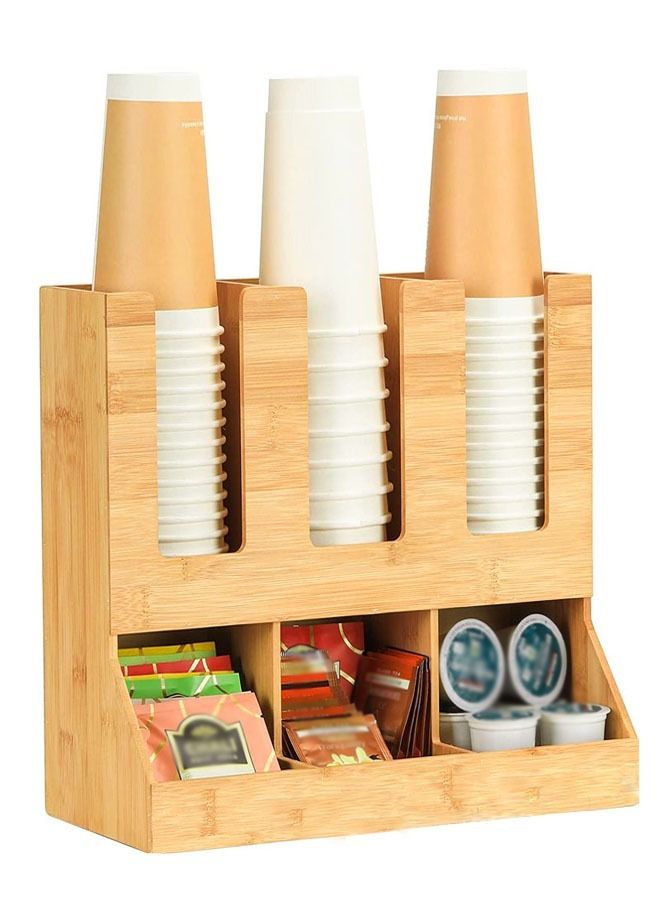 fashionhome 6 Compartments Condiment Rack Breakroom Accessories Caddy for K-Pods Snack Tea Bags Disposable Cups Bamboo Coffee Station Organizer 13.97 x 6.7 x 11.22 Inches  - Image 1