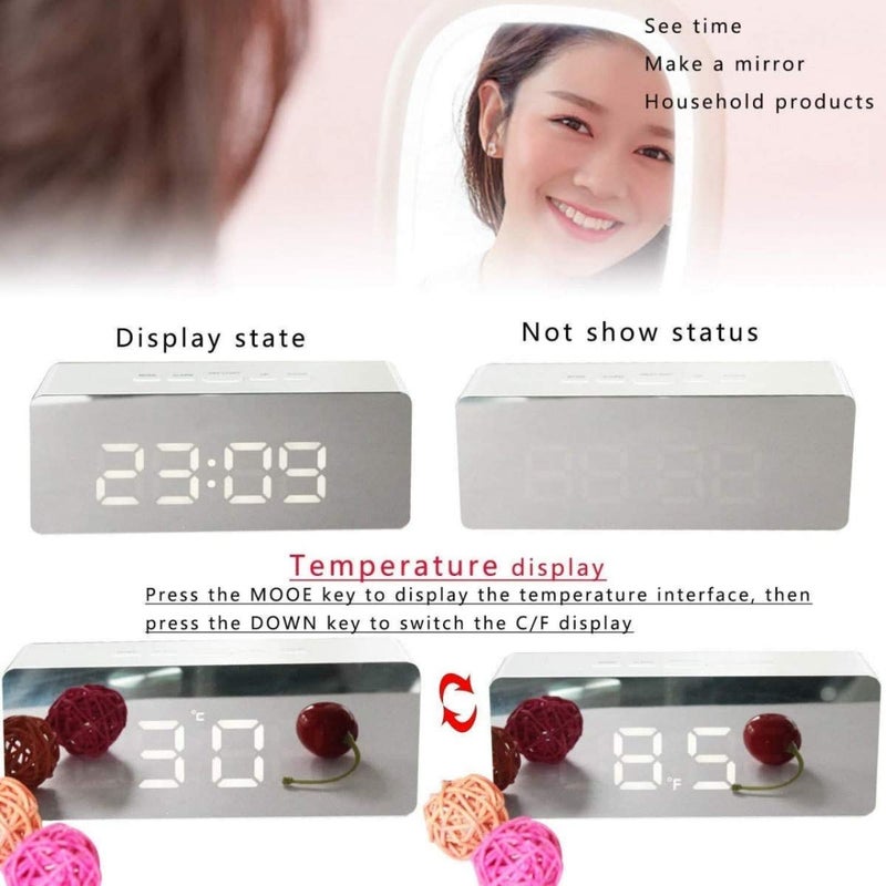 Zaffron Digital Large LED Mirror Alarm Clock with Snooze Time Temperature Function for Bedroom Office Travel Battery Powered USB Powered White - Image 3