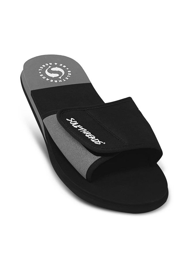 SOLETHREADS SOLETHREADS FREEWAY | Slides | Velcro Adjustable Strap | Cushioned Footbed | Comfy | Slippers | Flip Flops for Men | UK 11 | BLACK/GREY  - Image 1