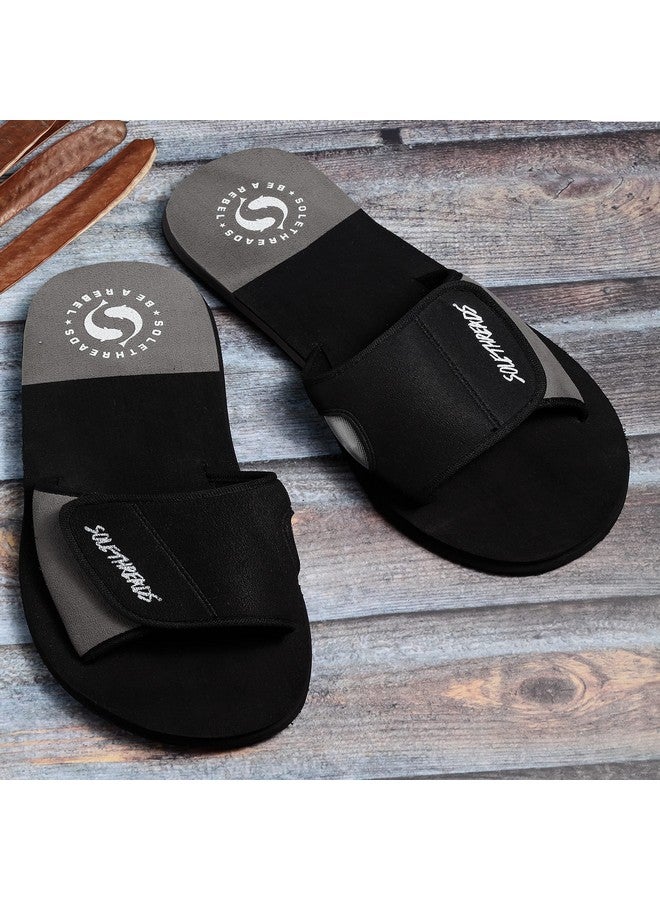 SOLETHREADS SOLETHREADS FREEWAY | Slides | Velcro Adjustable Strap | Cushioned Footbed | Comfy | Slippers | Flip Flops for Men | UK 11 | BLACK/GREY  - Image 2