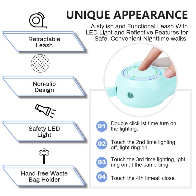 Qpets® سلسلة كلاب قابلة للسحب LED، مقبض مريح مضاد للانزلاق، سلسلة مشي الكلاب، شريط على شكل بكرة، مضيئة عاكسة، طول قابل للتعديل مع زر قفل و مشبك دوار 360° (أخضر) - Image 4